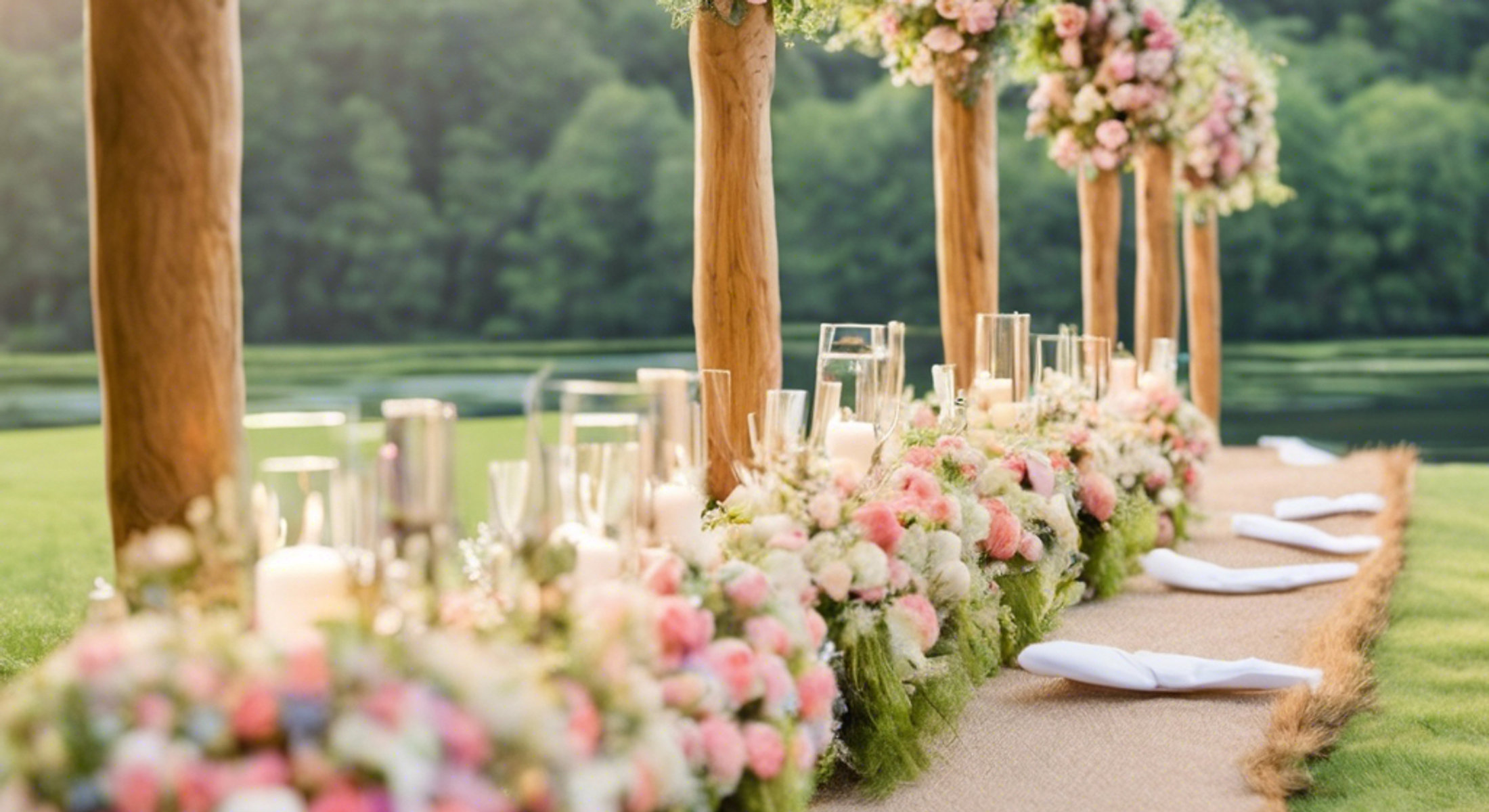 A flower-filled outdoor wedding table beside a lake